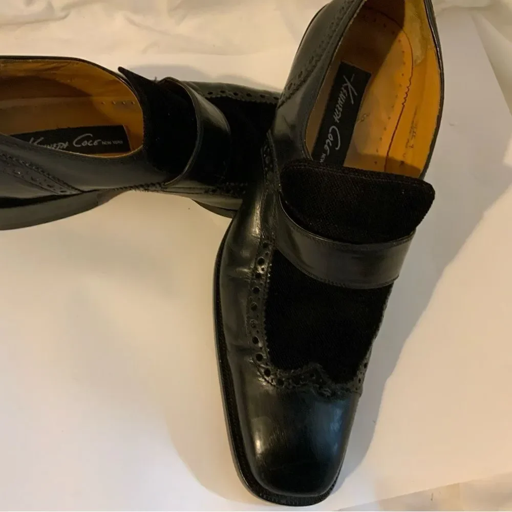 Kenneth Cole Size 9 M Black  Leather Slip On Wingtip Loafer Dress Mens Shoes